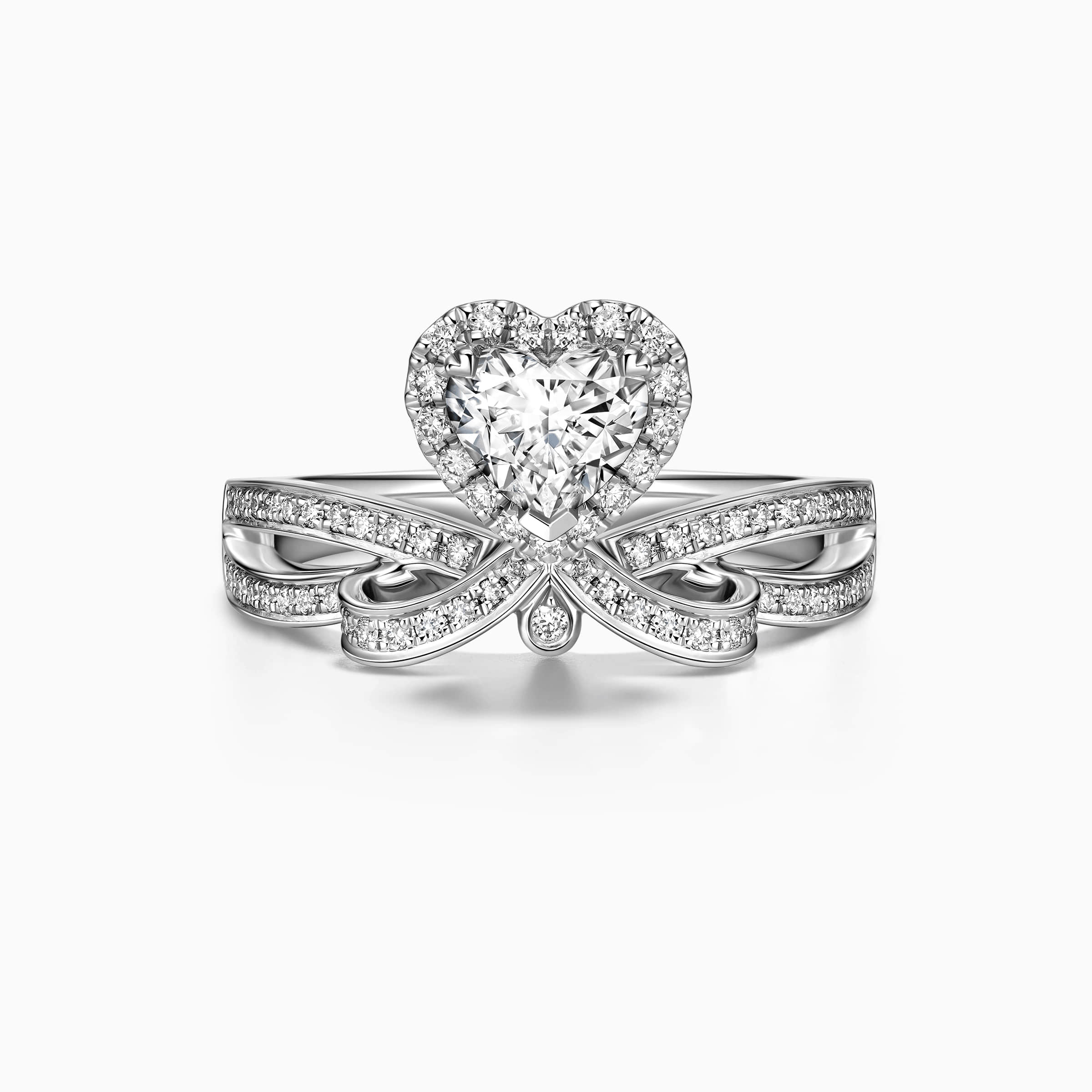 DR crown engagement ring with heart cut diamond